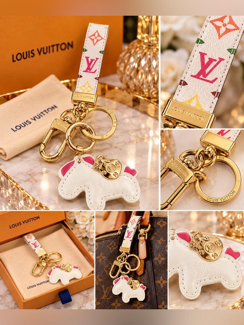 White Multicolor Monogram Strap Keychain with Lucky Horse Charm